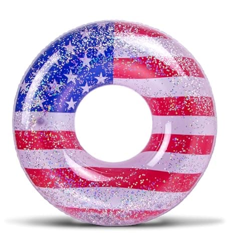 Inflatable USA Luxurious Ring Pool Float Sparkling Silver Stars Confetti with Cute American Flag Design Perfect 4th of July Float for Beach Lake and Pool 36 Inch