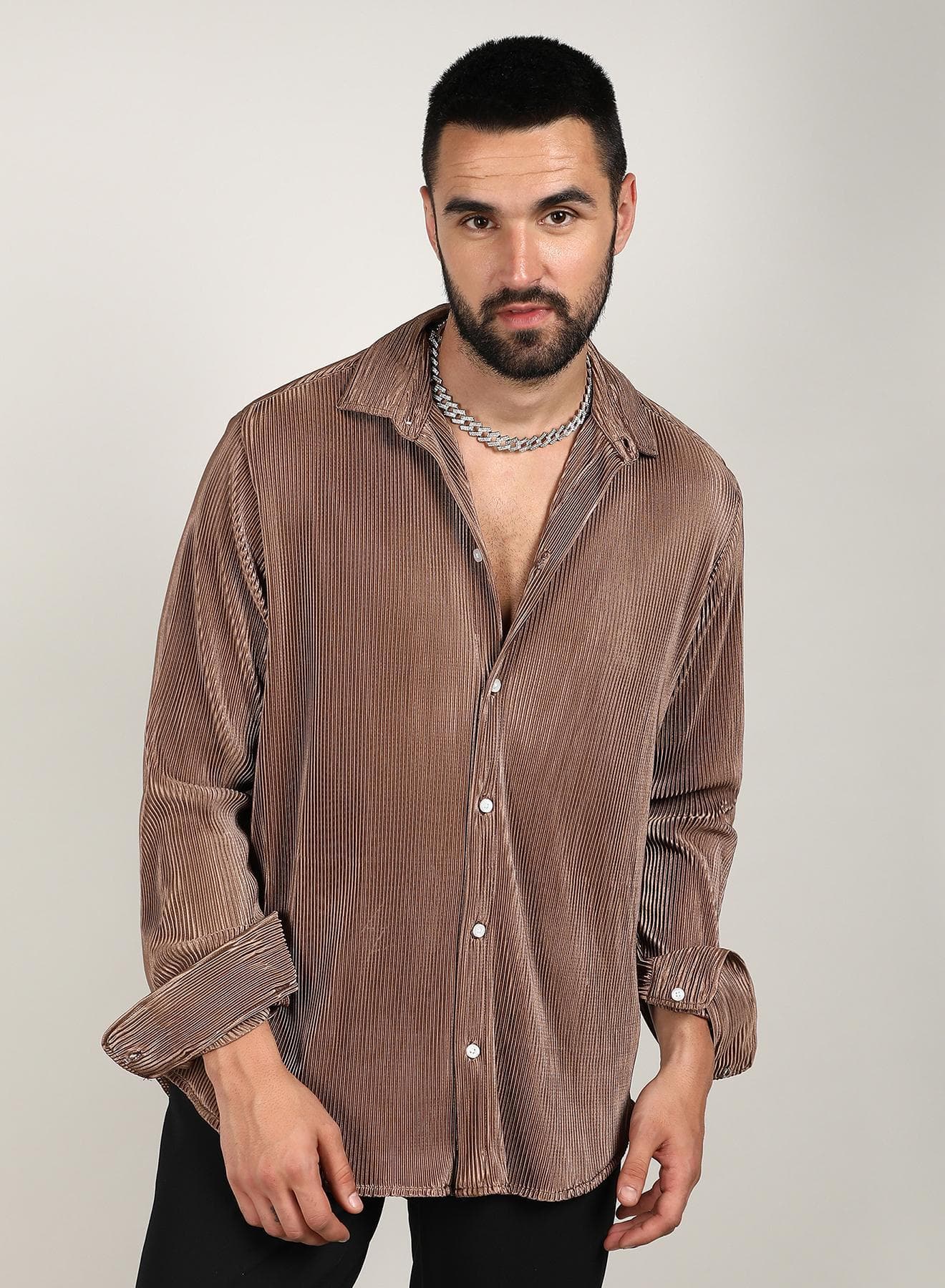 Men's Mocha Brown Pleat-Creased Shirt