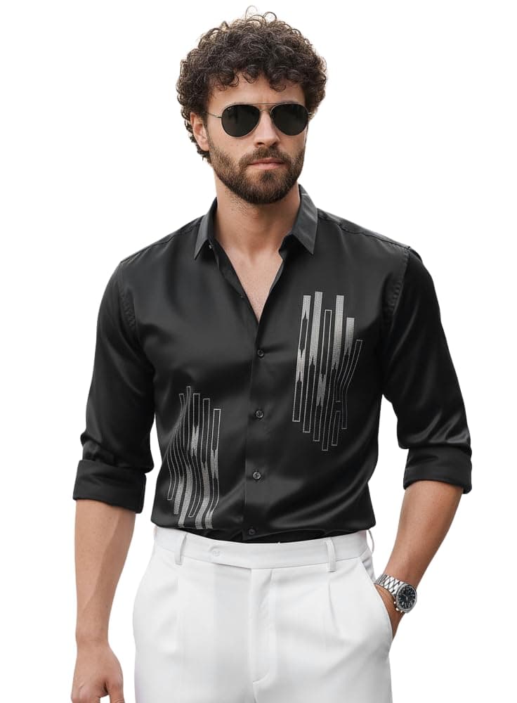 IndoPrimo Men’s Stylish Satin Shirt for Party and Casual Wear – Exclusive Designer Full Sleeve Shirt for Men - Pilar Black