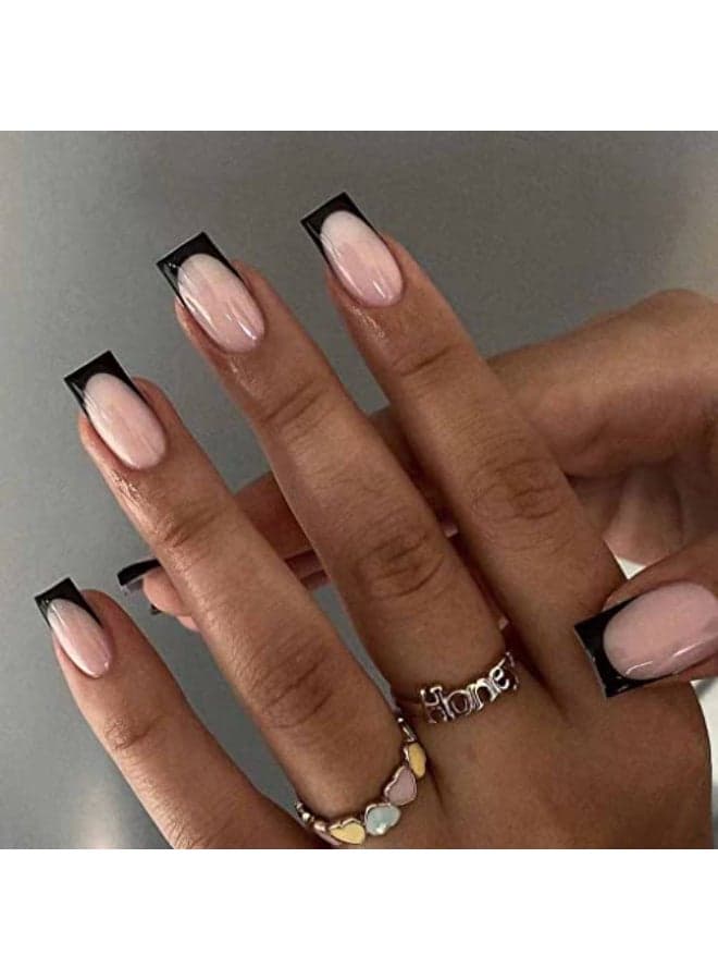 RikView French Tip Press on Nails Medium Fake Nails Black Stick on Nails Square Nude Nails for Women