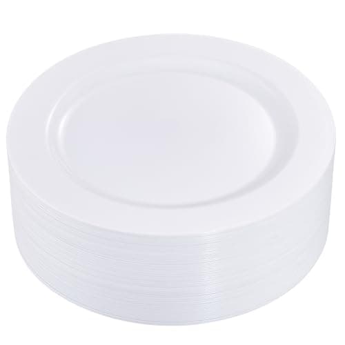 I00000 50Pcs White Plastic Dinner Plates 10.25 Inch, Premium Disposable Party Plates, Safe and Reusable, Heavy Duty Plastic Plates Perfect for Wedding & Party