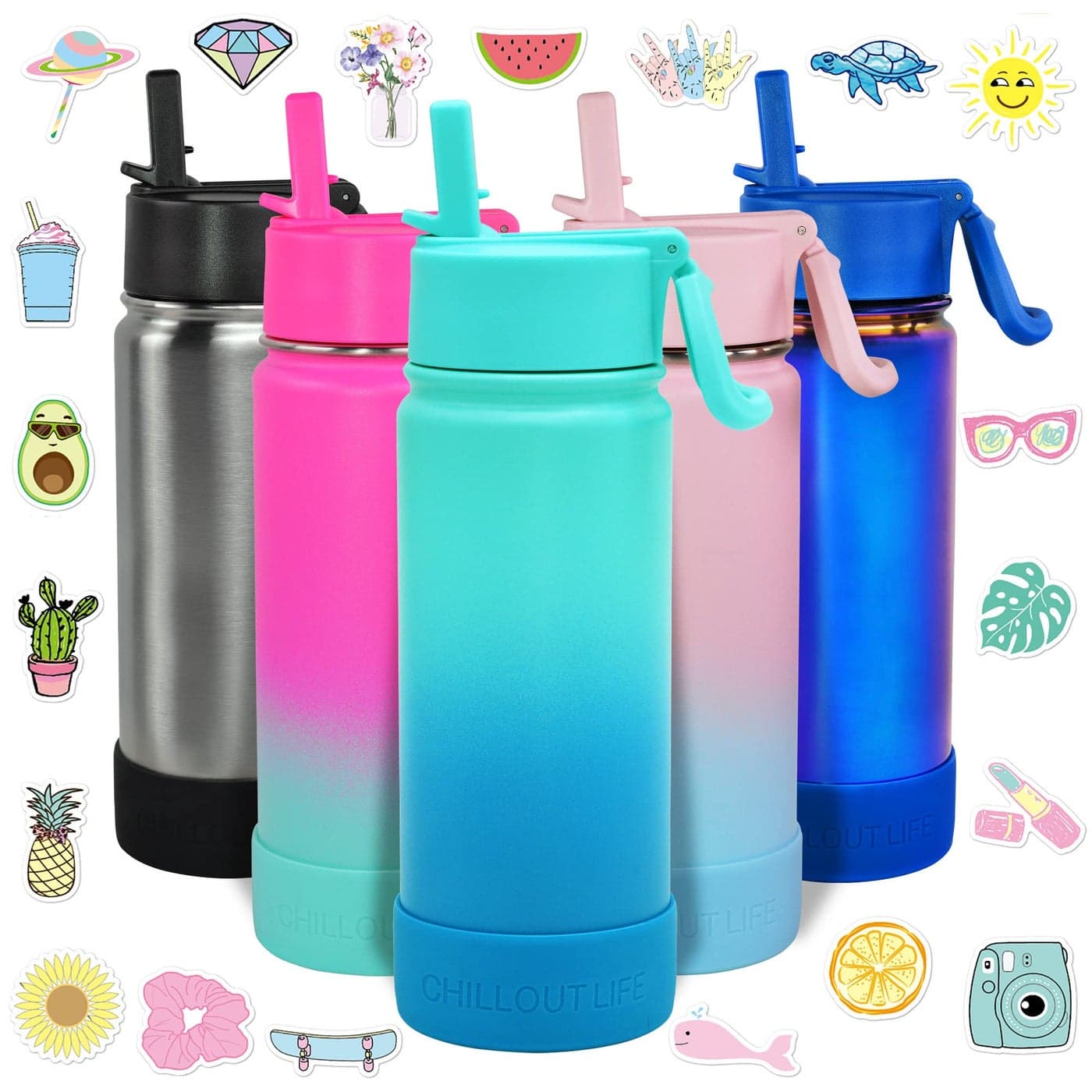 CHILLOUT LIFE 17 oz Kids Insulated Water Bottle for School with Straw Lid Leakproof and Cute Waterproof Stickers Personalized Stainless Steel Thermos Flask Metal Water Bottle for Girls Boys