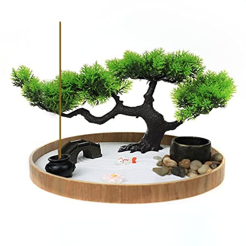 Japanese Zen Garden for Desk - Zen Garden Sand Kit, Artificial Bonsai Tree, Rakes & Accessories - Japanese Decor Office Home Desktop Relaxation Sandbox Decor. 9.5" Inches Wooden Round Tray