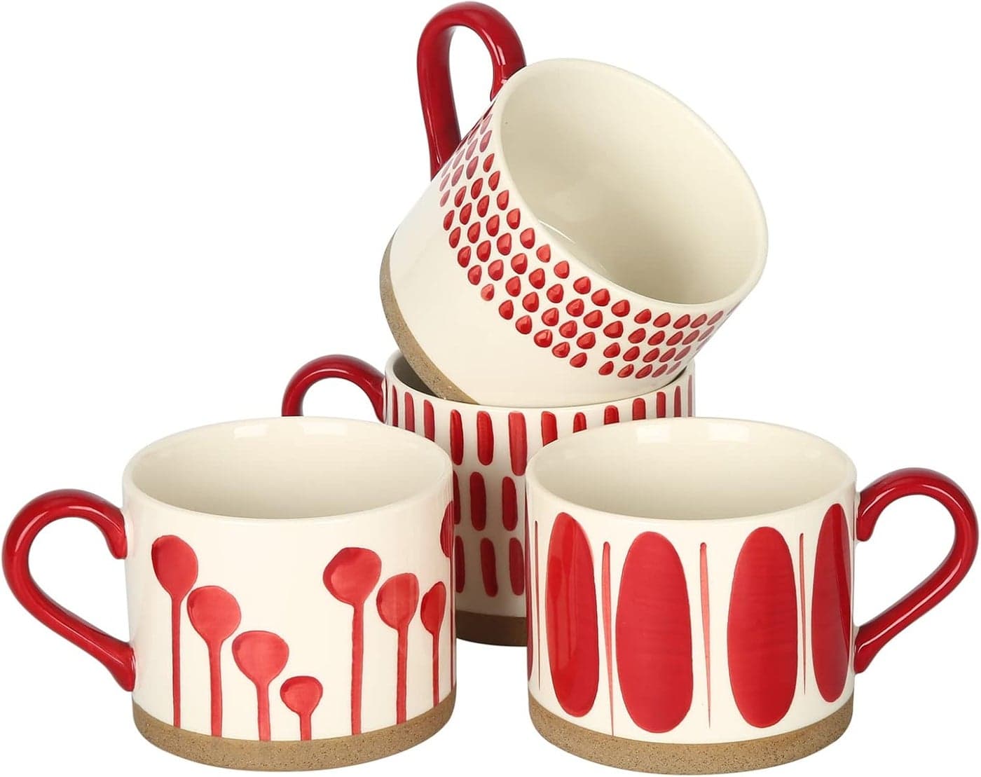 Koja Hand Painted 15 oz Porcelain Ceramic Mugs Set Service for 4 Hand Painted Red