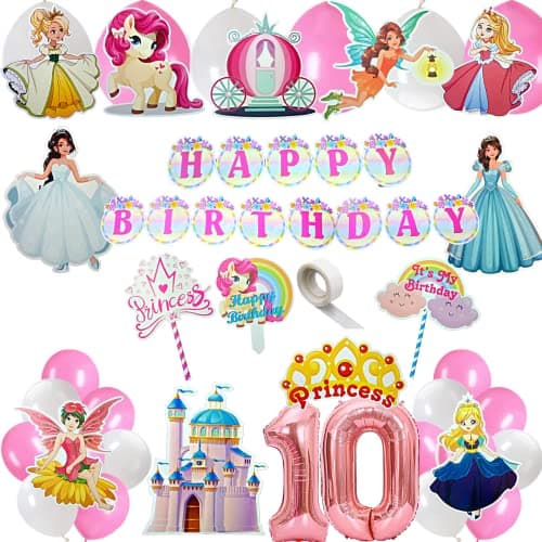 FI - FLICK IN 50 pcs 10th Birthday Decoration for Girls Car Castle Cutouts Metallic Balloons Princess Tenth Birthday Decorations Girl Number 10 Foil Balloon (Pack of 50, Pink)