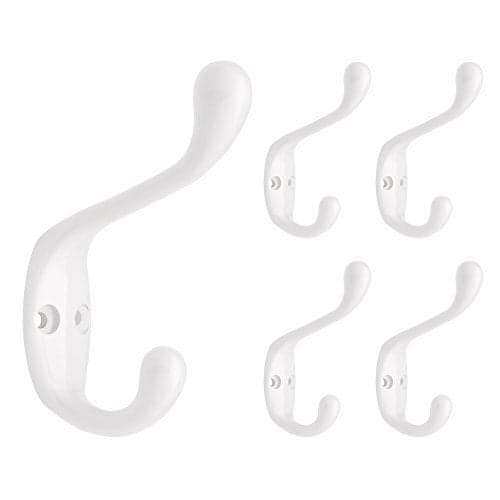 Franklin Brass 3 in. Heavy Duty (5-Pack) Coat and Hat Wall Hooks Double Hooks for Hanging White Wall Mount Hanger Backpack, Purse, Bag, Towel Organization Decorative Wall Hooks B42302M-W-C