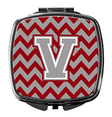 Caroline's Treasures CJ1043-VSCM Letter V Chevron Crimson and Grey Compact Mirror Decorative Travel Makeup Mirror for Women Girls Gifts Pocket Makeup Mirror Folding Handheld