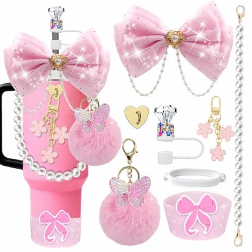 Bling Accessories for Stanley Cup 20/30/40 oz Tumbler, Glitter Bow & Diamond Straw Topper Set with Silicone Boot, Pearl Handle Strap, Keychain Charms, Pink Decor for Women and Girls (Pink)