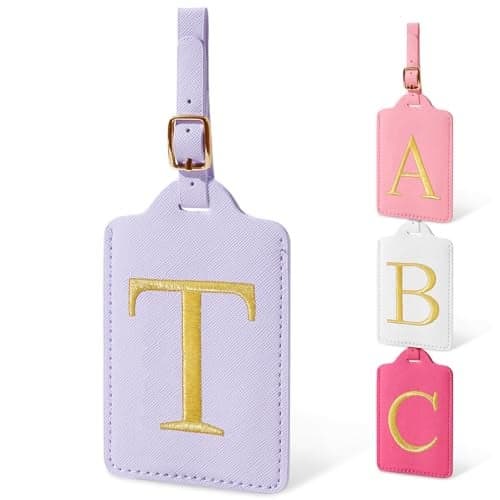 Initial Letter Luggage Tag for Suitcase, Cute Luggage Bag, Waterproof PU Leather Travel Luggage Tag, Suitcase Identifier Name Tag, Monogrammed Suitcases Tags, Bag Tags for Handbags(Purple T)