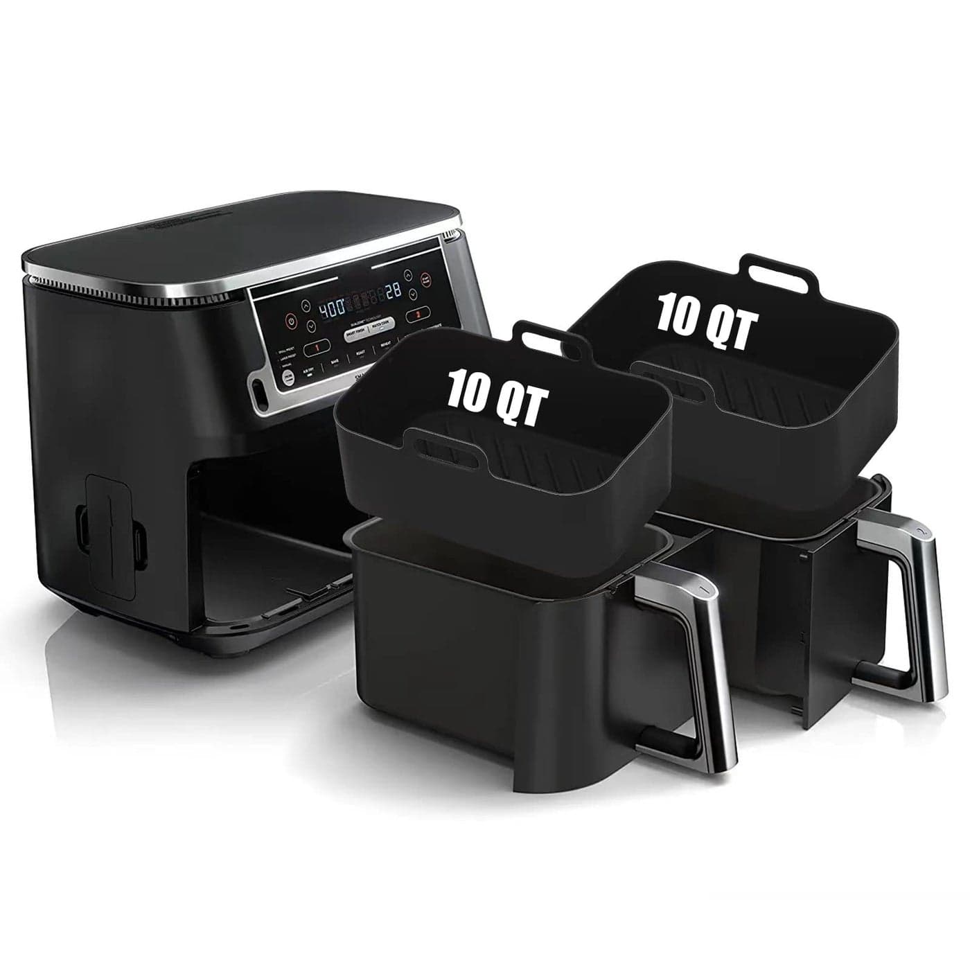 10QT Air Fryer Silicone Liners for Ninja DZ401DZ550SL401SL451DZ302MMH 2Pcs Rectangle FoodGrade Airfryer Silicone Pot Reusable Replacement Baking Basket for Cosori 9QT 8in1 Dual Air FryerBlack