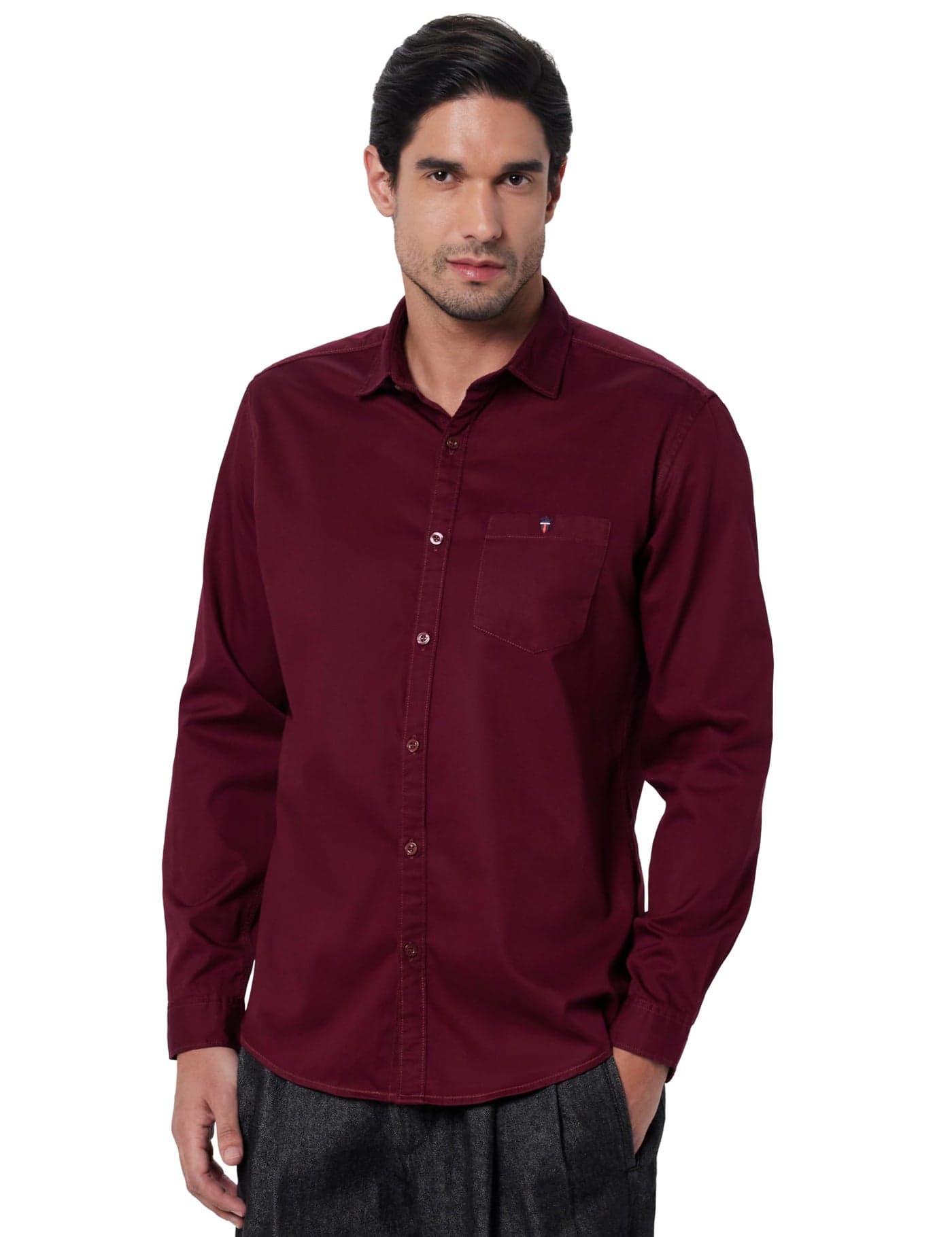 Louis Philippe Men's Cotton Slim Fit Shirt (LRSFCSLPE10483_Maroon, 39