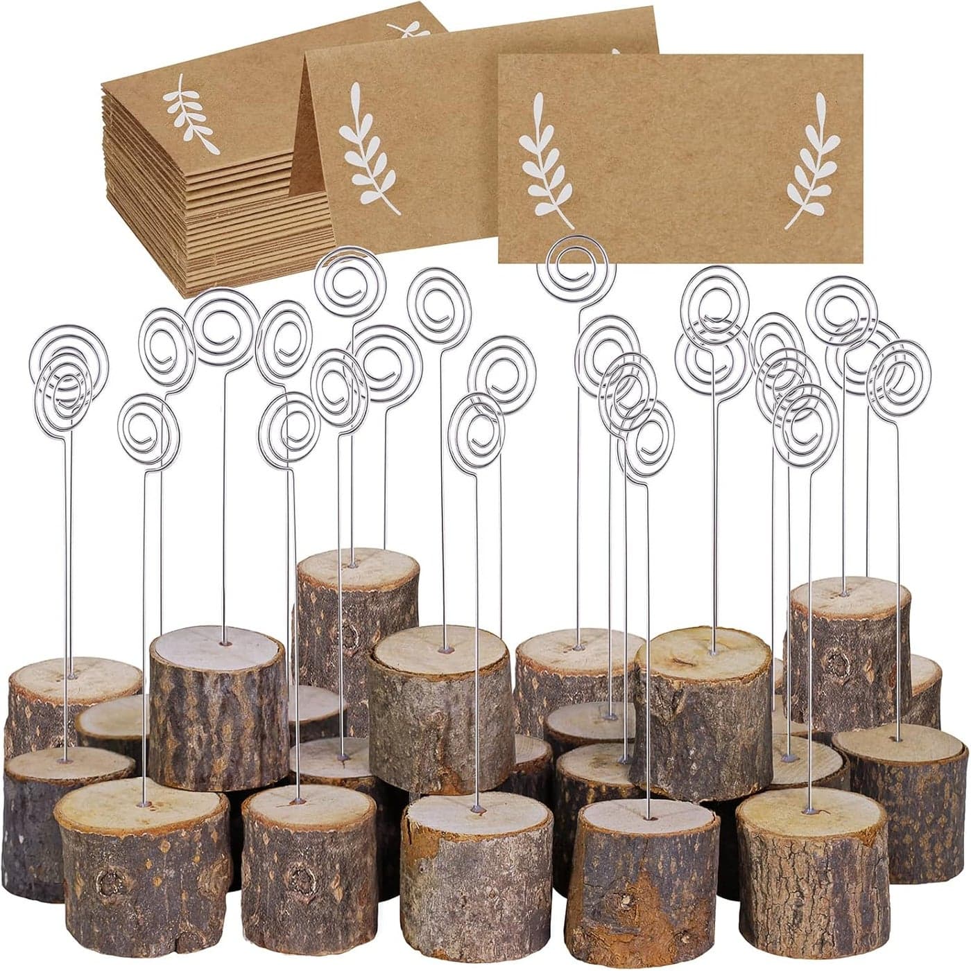 30 Pcs Rustic Wood Place Card Holders with Swirl Wire Wooden Bark Memo Holder Stand Card Photo Picture Note Clip Holders 58 and Kraft Place Cards Bulk for Wedding Party Table Number Name Sign
