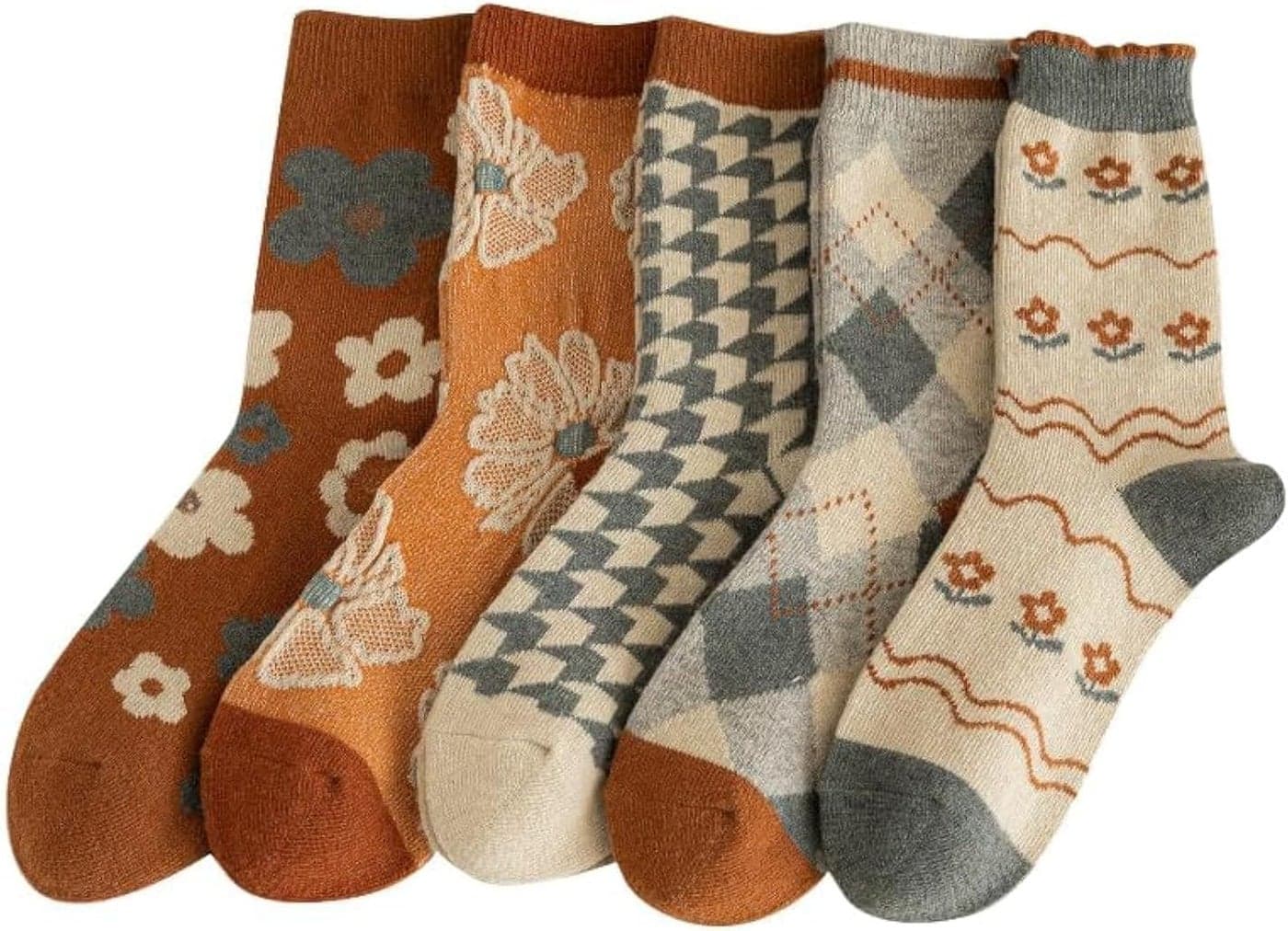 5 Pairs Women’s Thick Knit Wool Socks, Vintage Floral Crew Socks for Cozy Comfort and Style