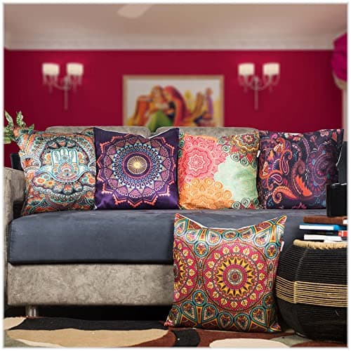 Vendola Multicolor Microfiber Satin 250TC Cushion Pillow Covers, Multicolor, Set of 5 (16X16 Inches, Mandala)
