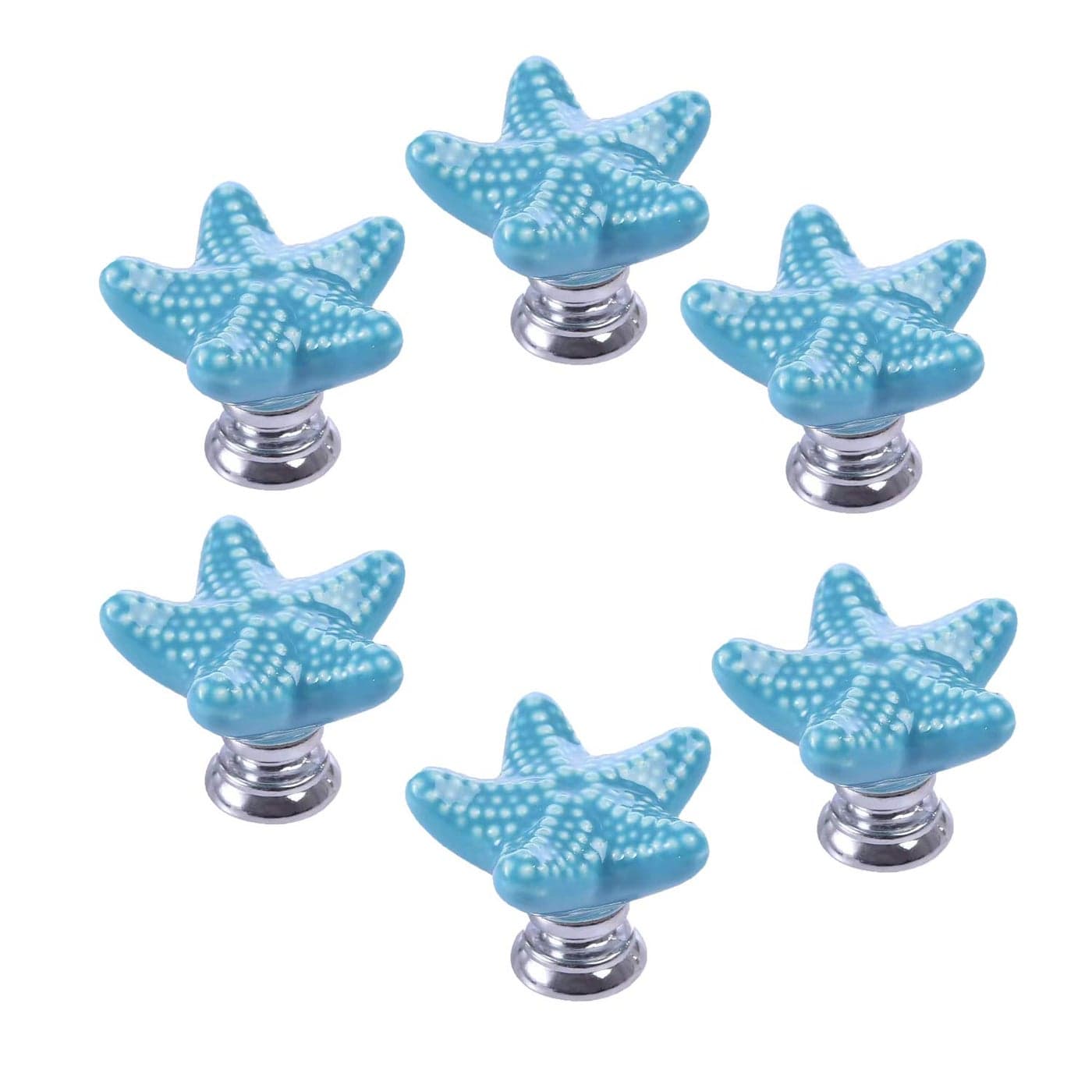 ZILucky Starfish Ceramic Drawer Pulls Handles for Nursery Dresser Cupboard Wardrobe Cabinet Kitchen Beach Ocean Theme Knobs Pack of 6 Blue