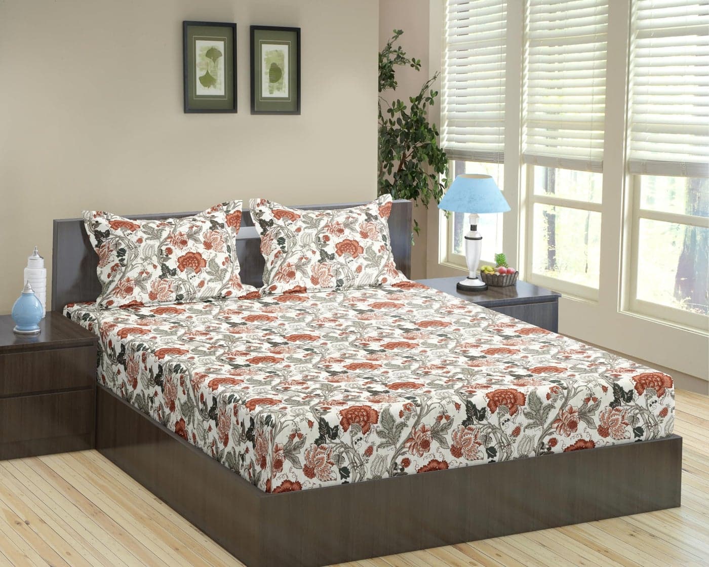 Trance Home Linen 180TC 100% Cotton 78"x72" Standard King Size Elastic Fitted Bedsheet | Printed King Bed Size Elasticated Fitted Bedspread with 2 Pillow Covers (King 78x72 inch, Malhaar Rust)