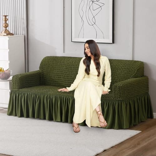 HOKIPO Stretchable Elastic 280 GSM Bubble Couch Cover with Frill 3 Seater, Forest Green (AR-4604-B6)