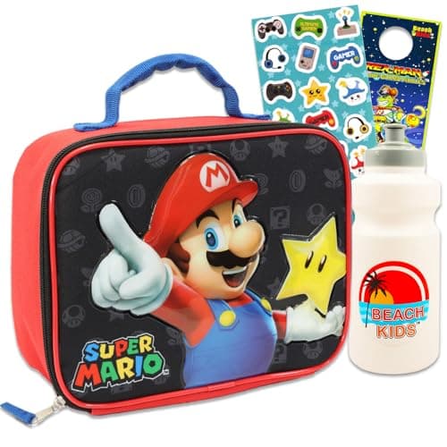 Super Mario Lunch Box Set - Bundle of Insulated Mario Lunch Bag Container, Water Bottle, Stickers, More | Super Mario School Supplies for Kids