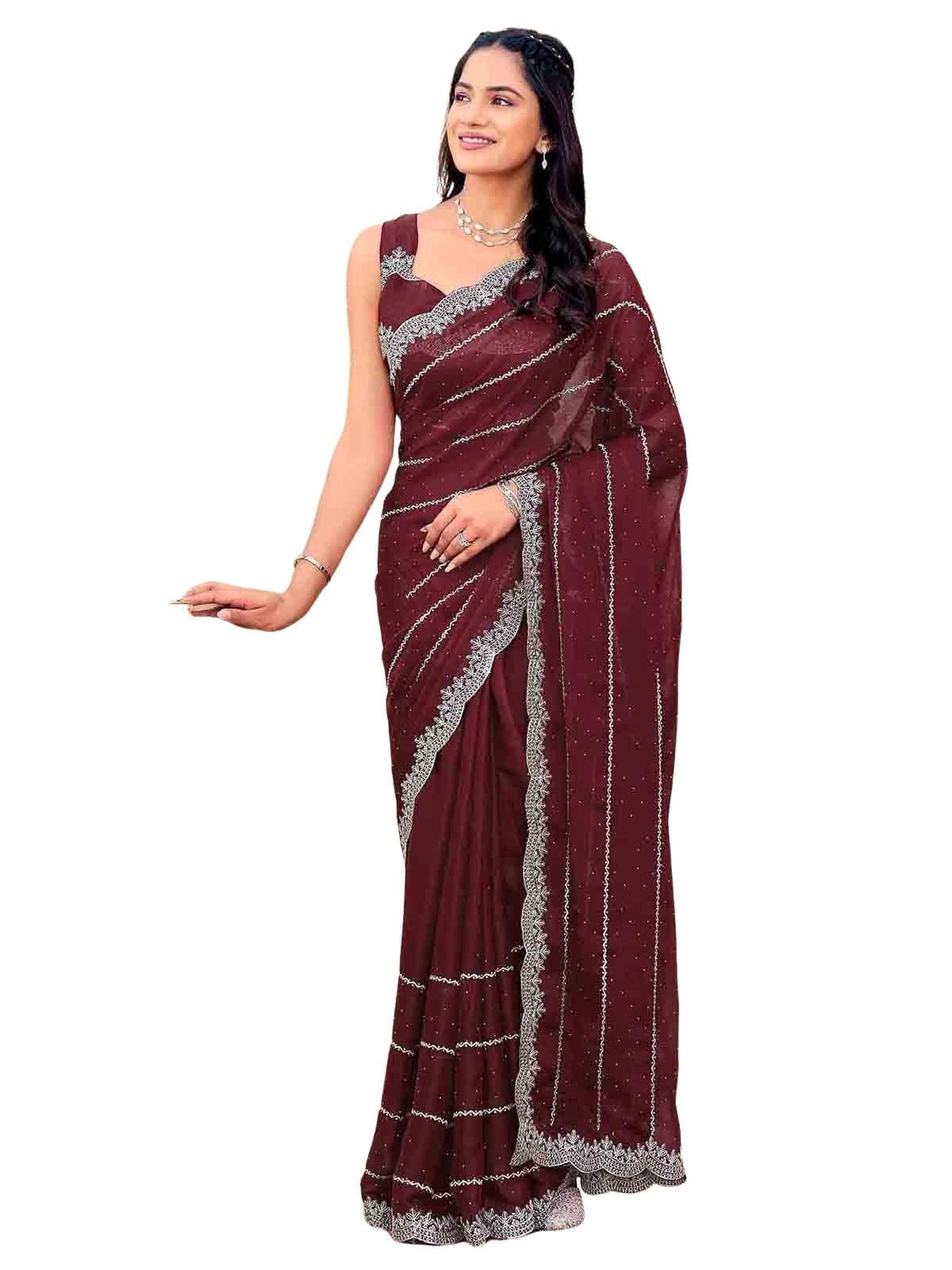 Satrani Women's Shimmer Georgette Scalloped Border Stone Work Embroidery Saree with Unstitched Blouse Piece (4925S613N_Maroon)