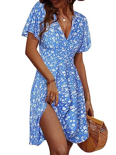 FENSACE Summer Dresses for Women 2025 Sundress Floral Fit and Flare Spring Dress(Blue,Large)