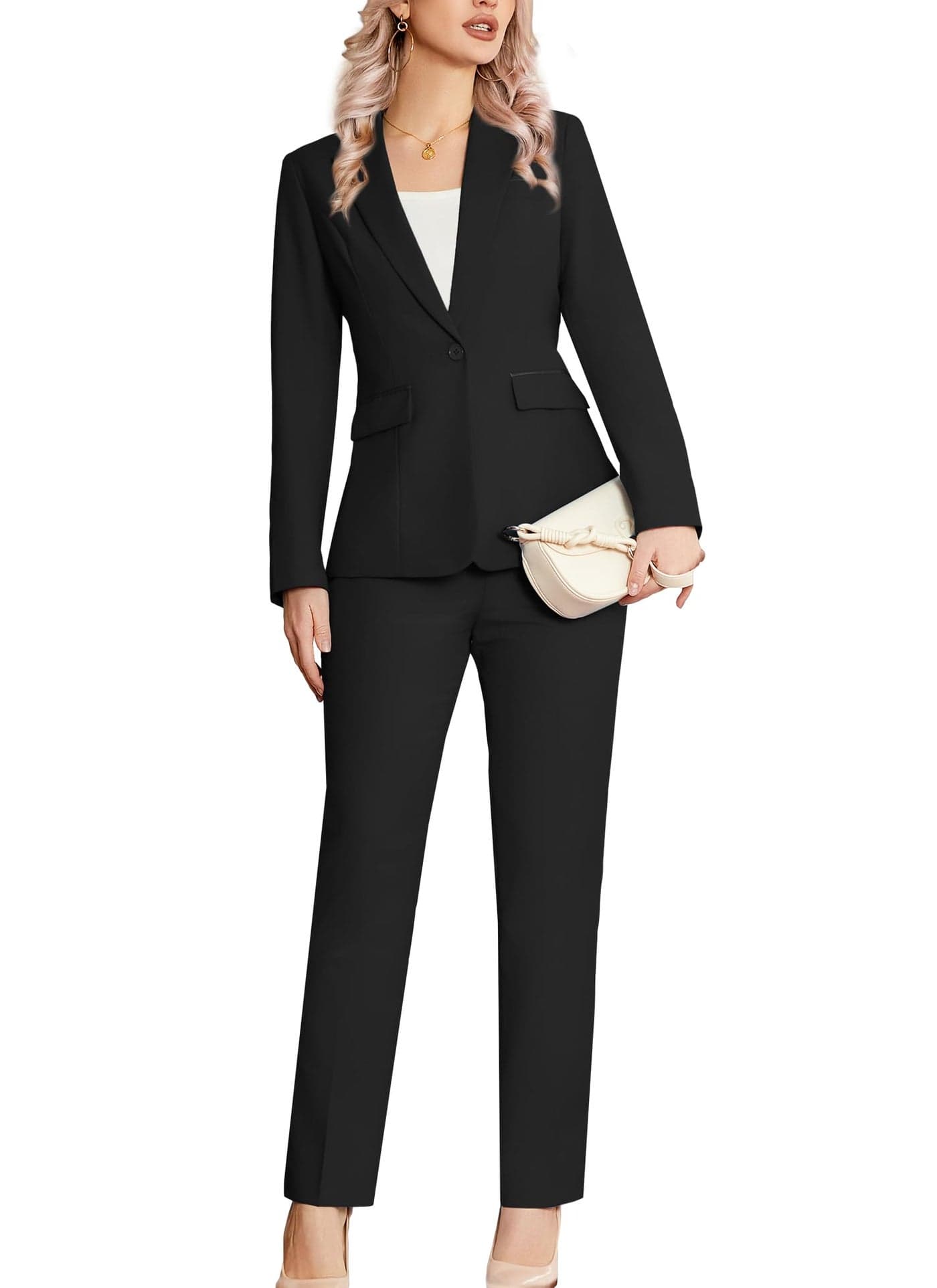 Kelyaa Womens 2 Piece Suit Notched Lapel One Button Slim Fit Business Office Work Tuxedo Blazer Pants Set Black
