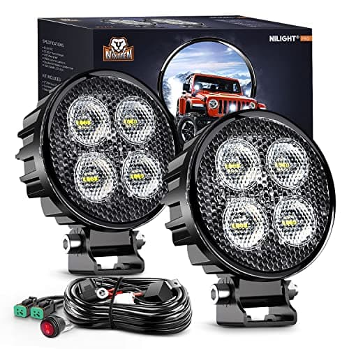 Nilight 2PCS 3Inch Led Pods Round 1500LM Built-in EMC Work Light 90° Flood Beam Angle for Offroad Lights Side Light w/ 16AWG DT Wiring Kit for Tractor Truck Boat ATV UTV
