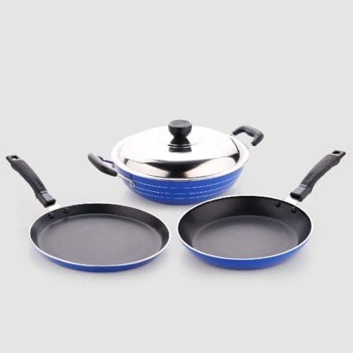 Crystal Induction Base Nonstick Cookware Set - 4-Pcs | Tawa 250 mm + Fry Pan 225 mm + Kadai 225 mm + Glass lid 225 mm | Thickness- 3mm