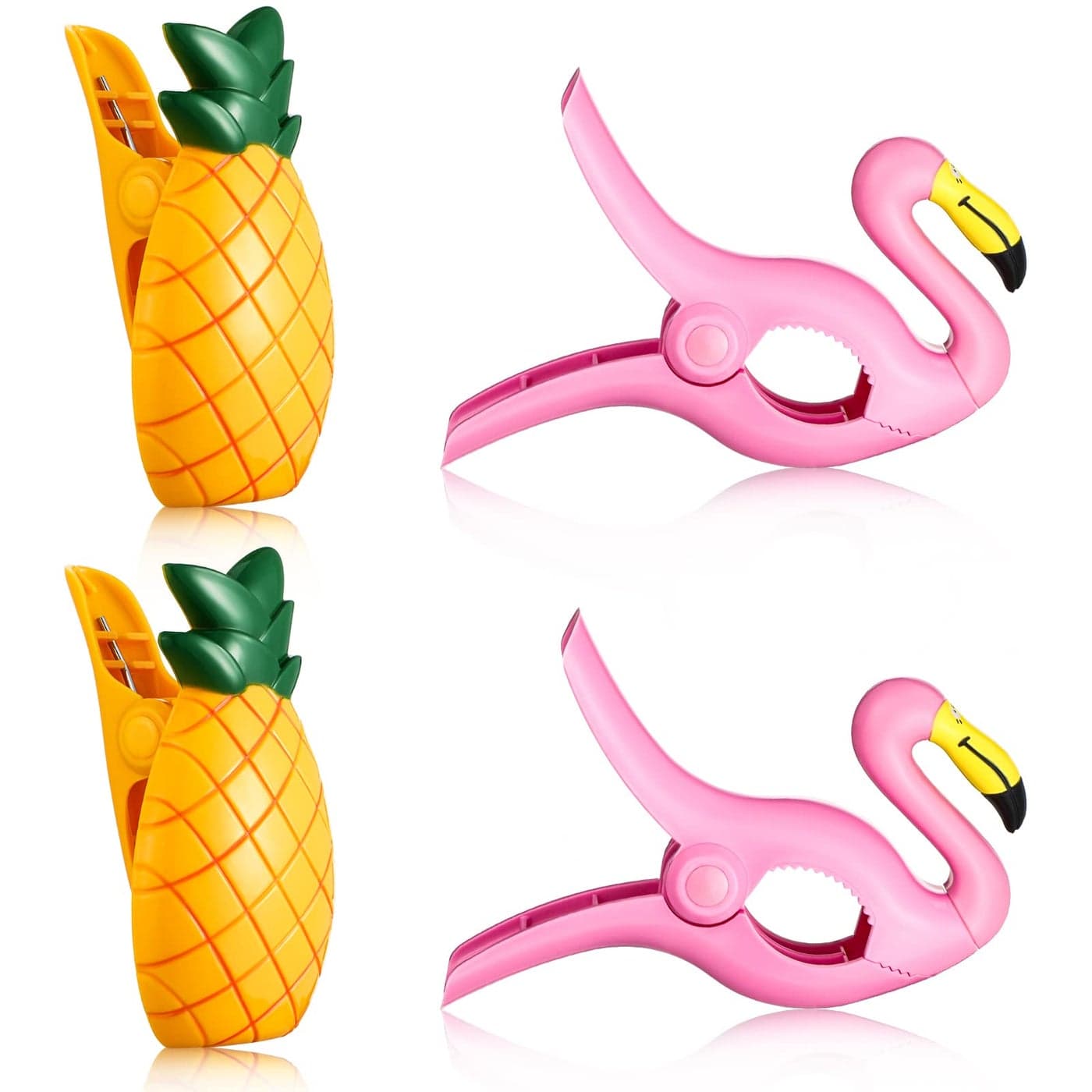 4 Pieces Beach Towel Clips Jumbo Size Beach Chair Clips Towel Holder Clothes Hat Pegs for Cruise Pool Patio Holiday Vacations or Daily UseFlamingo and Pineapple Style