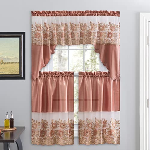 American Linen 3 Piece Sequin Embroidered Window Curtain Set Valance and Tiers Kitchen Living Room or Bathroom Curtains