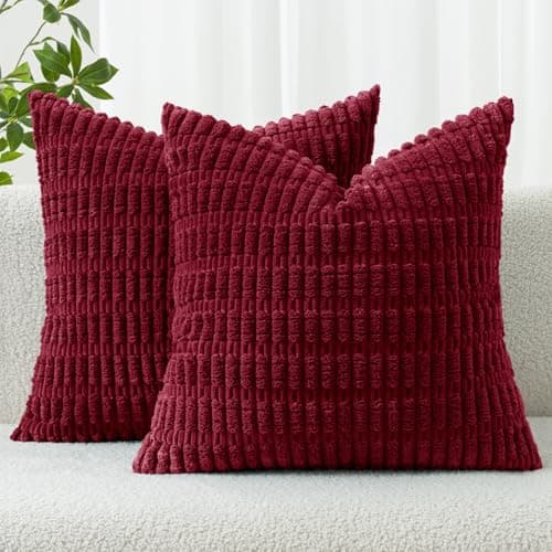 MIULEE Pack of 2 Christmas Burgundy Corduroy Decorative Pillow Covers 18x18 Inch Soft Boho Striped Throw Pillow Covers Modern Farmhouse Home Decor for Sofa Living Room Couch Bed