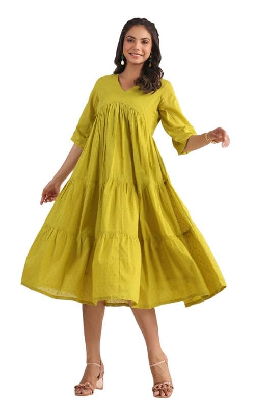 Janasya Women's Green Dobby Cotton Woven Design Tiered Dress(JNE4385-DR-XS)