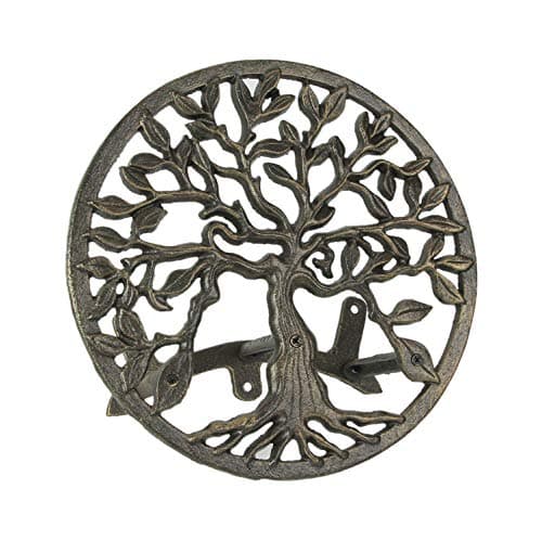 Cast Iron Tree of Life Decorative Wall-Mounted Garden Hose Hanger - Stylish Outdoor Hose Holder Décor with a 12-Inch Diameter - Weather-Resistant Aged Bronze Finish
