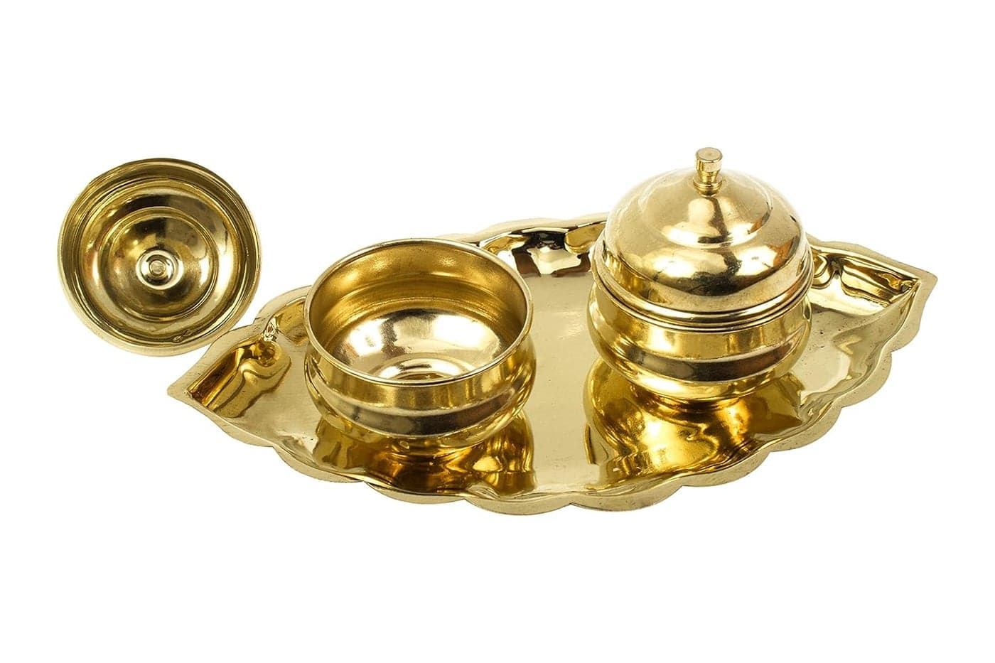 Putrika Traditional Handcrafted Brass Thali Haldi kumkum Chandhan Holder Stand Plate with Lid for Pooja Puja Worship Oval 2 BowlSmall Leaf
