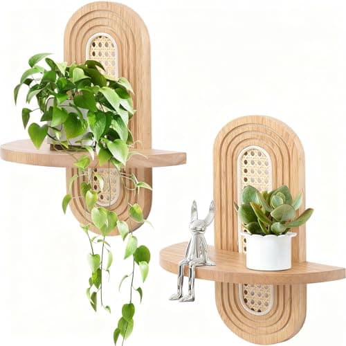 Hongsane Floating Shelves for Wall, Boho Rattan Shelf Set of 2, Unique Small Decorative Shelf Wall-Mounted, Nature Wood Shelves for Living Room,Bedroom,Nursey Room (Natural)