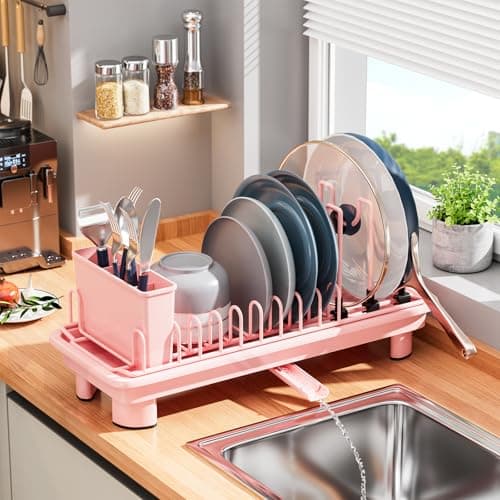 SanDream Small Dish Drying Rack with Removable Utensil Holder AntiScratch Base Stainless Steel Dish Rack Dish Drying Rack with Drainage Space Saving Design for Kitchen Counter Pink