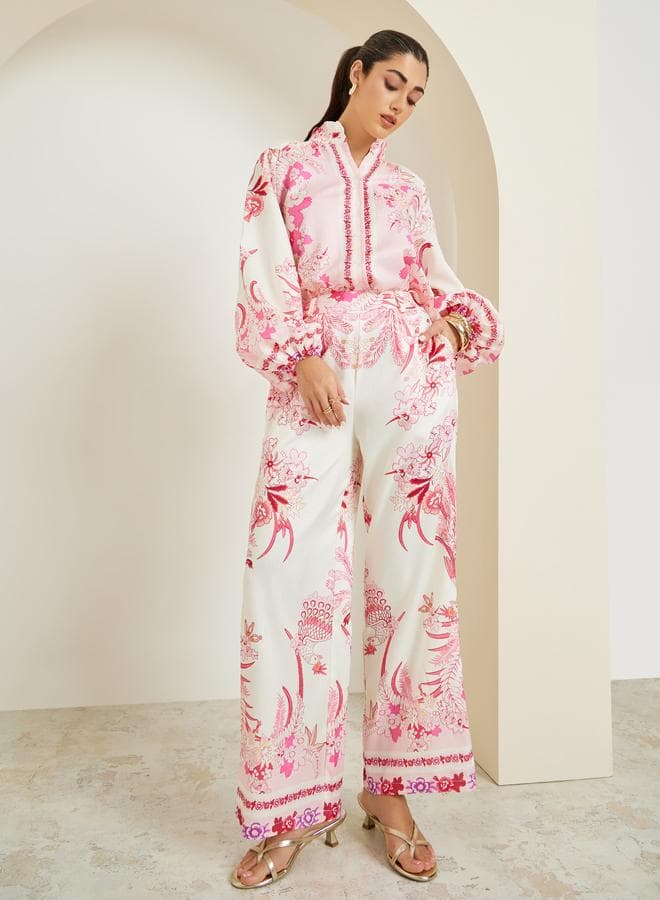 Women Pink Floral Wide Leg Pants — S