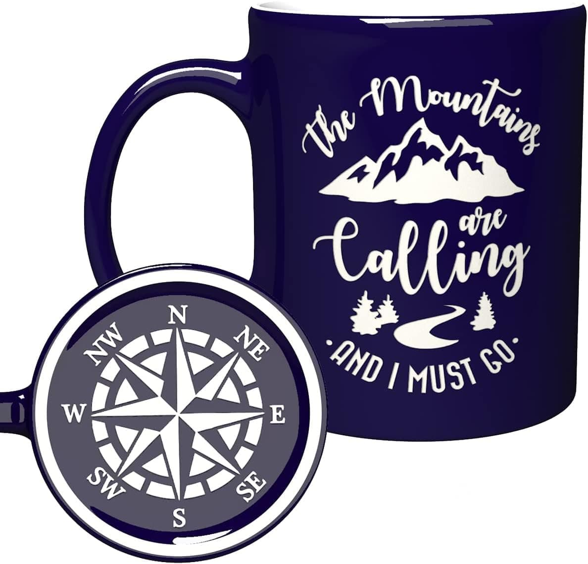 NM NEXTMUG Engraved Hiker Lover Coffee Mug - The Mountains Are Calling And I Must Go With Compass Bottom - Funny Mountaineering Teacher Enthusiasts Mothers Fathers Day Gift Cup