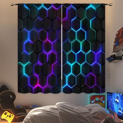 Mitpok Kids Black Neon Printed Curtains for Boys Bedroom 42Wx63H Inch Rod Pocket Cool Neon 3D Hexagon Geometric Modern Men Boy Game Room 2 Panel Window Treatment Set for Living Room Decor