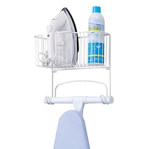 mDesign Wall Mounted Ironing Board Holder Steel Ironing Board Rack for Easy Organisation includes Basket for Iron Storage White