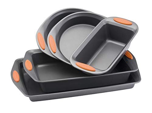 Rachael Ray 55673 Nonstick Bakeware Set with Grips includes Nonstick Bread Pan, Baking Pans and Cake Pans - 5 Piece, Gray with Orange Grips