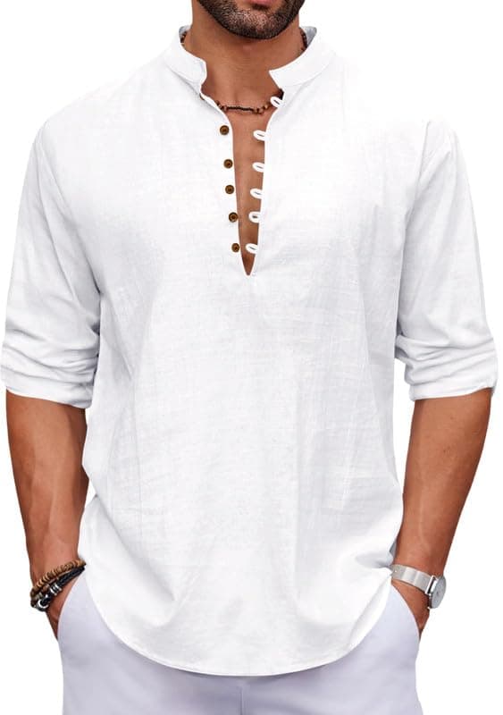 Macsivo Men's Stylish Mandarin Collar Kurta | Casual Ethnic Fusion Shirt for Daily, Party & Travel | Full Sleeves | Cotton Blend Comfort Fit Short Kurta White