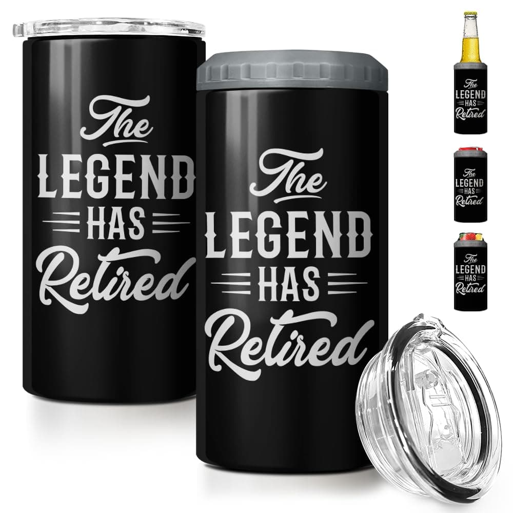 SANDJEST The Legend Has Retired 4in1 Design Tumbler Cup Can Cooler 12oz Stainless Steel Insulated Cans Coozie Travel Mug Christmas Birthday Happy Retirement Gifts for Coworkers Colleagues Men