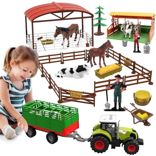 Dwi Dowellin Farm Animal Toys Set,69 Pcs Farm Toys with Tractor with Trailer,Horse Stable Grain Bins Horse Cow Farmer Figures Fence Playset for Kids Toddlers Boy Girl 3-12 Years Old
