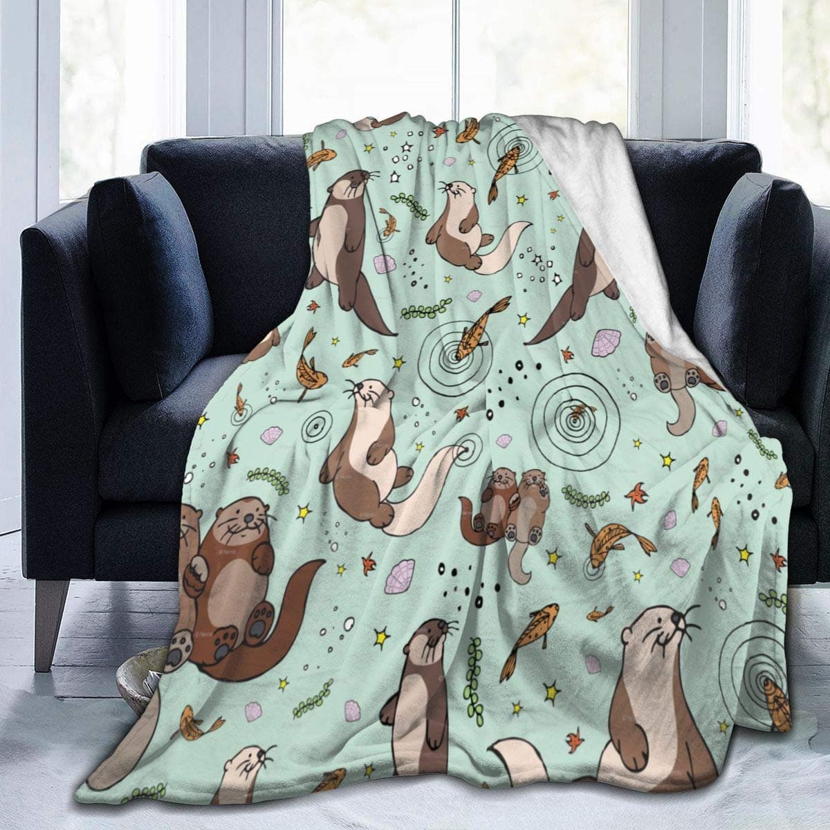 Carwayii Otter Blanket Sea Otter Gifts for Women Kid Lightweight Lap Green Air Conditioning Throw Blanket Soft Fleece Couch Throws Fuzzy Bed Birthday Gifts Bedroom Room Decor Outdoor Travel50x60