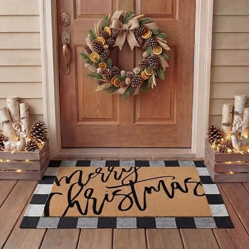 Tinideya 2 Pcs Door Mat Welcome Non Slip Coir Mats Floor Layering Doormats Seasonal for Front Porch Entryway DecorMerry Christmas