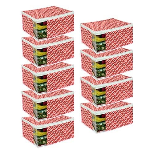 PrettyKrafts Set of 9 Non-Woven Printed Foldable Saree Covers/Wardrobe Organizer With Transparent Window And Zip/Clothes Storage Bag For Women's Lehenga, Suit Saree & Other Accessories, (Diam Red)