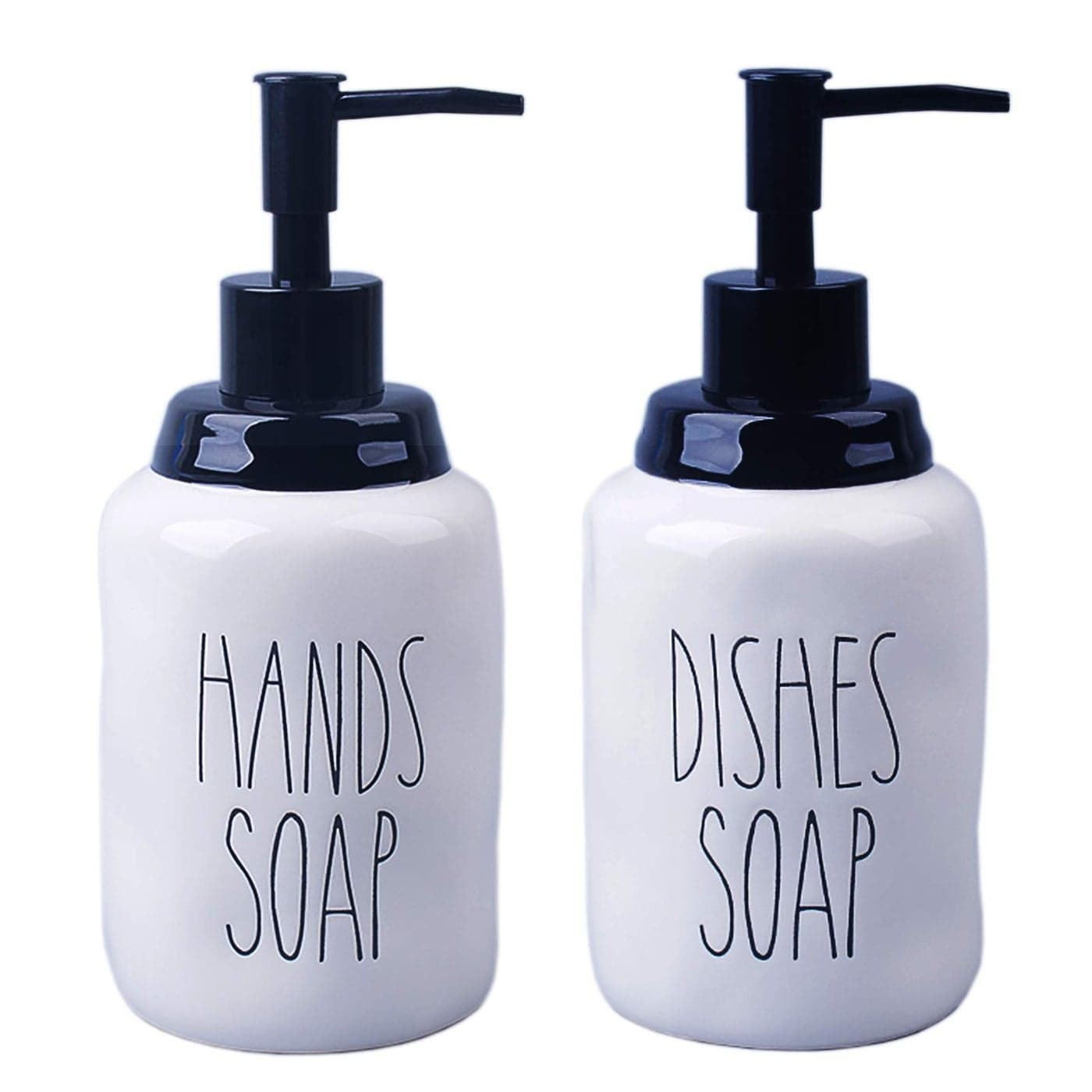 Dishes and Hands Soap Dispenser Set Farmhouse Style Ceramic Liquid Dispenser Bottles Perfect for Kitchen Counter or Kitchen Sink Dcor 16oz White Bottles with Black Pump and Lettering