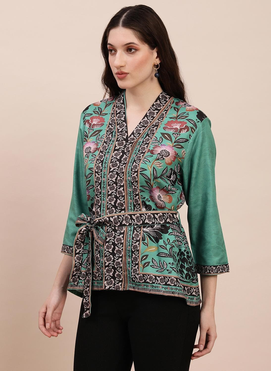 Globus Women's Green Floral Print Casual Top with V Neck and Belted Waist