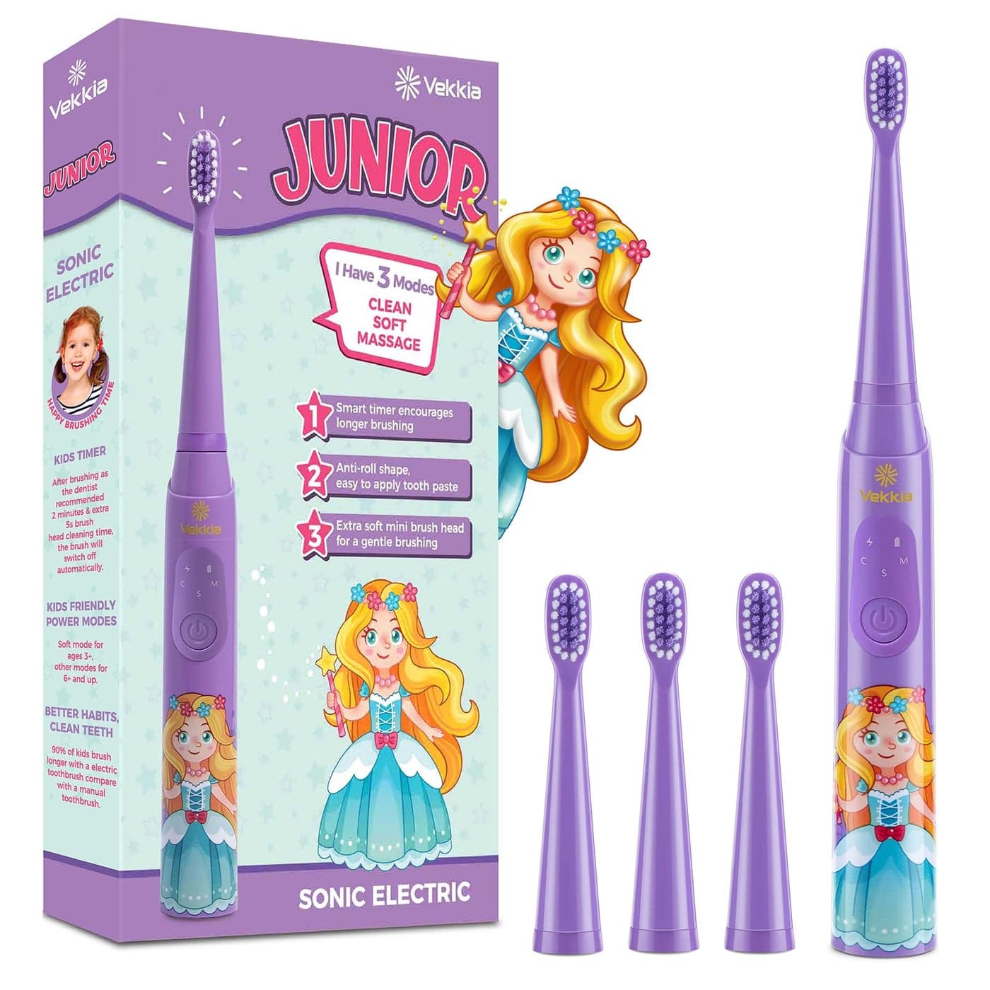 Vekkia Sonic Rechargeable Kids Electric Toothbrush 3 Modes with Memory Fun Easy Cleaning 24000 Strokes IPX7 Waterproof 2Min Timer for Age 5 4 Soft BristlesPurple