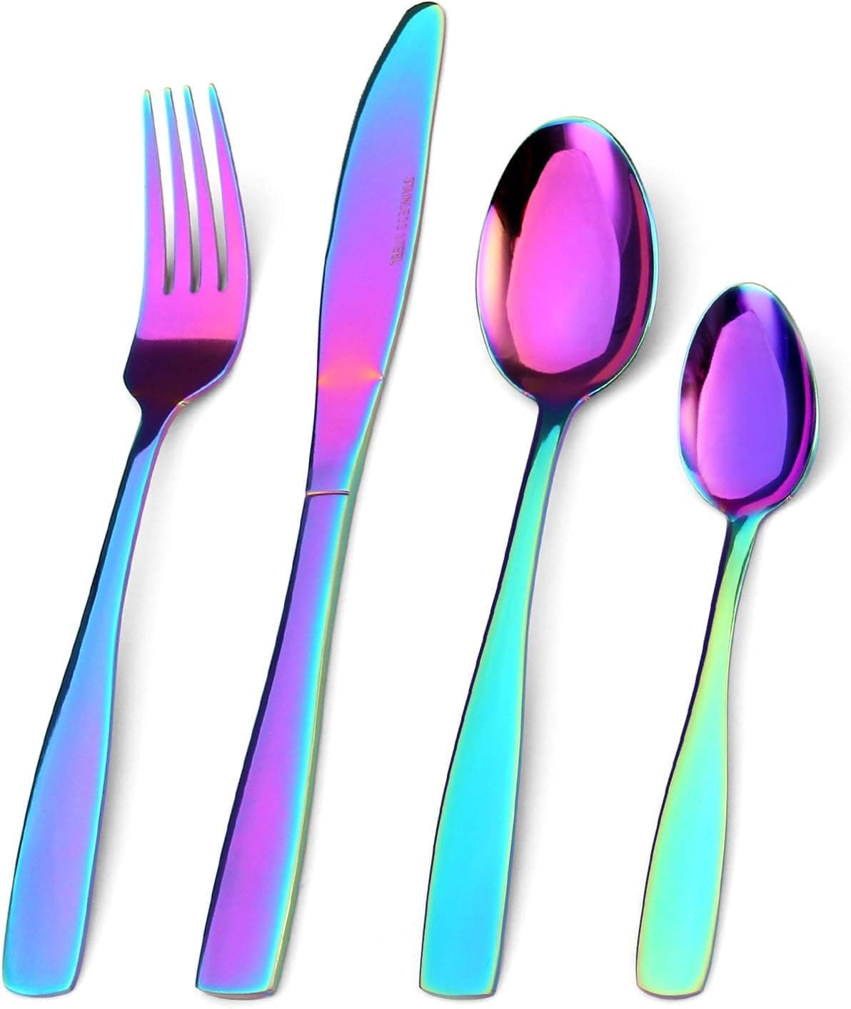 TURBID Cutlery Set 4 Piece Stainless Steel Flatware Silverware Sets with Square Edge Service Elegant Tableware Included Knives Forks Spoons Mirror Finished Dishwasher Safe Rainbow Set of 4